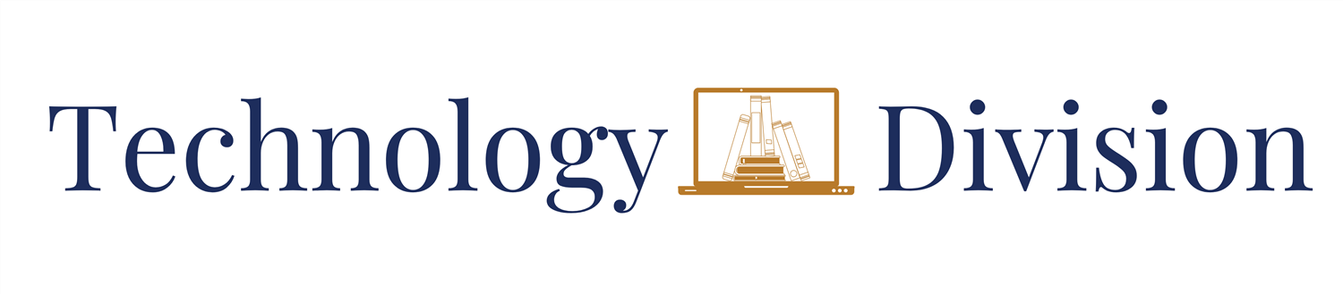 Technology division and logo with an image of books on a laptop screen